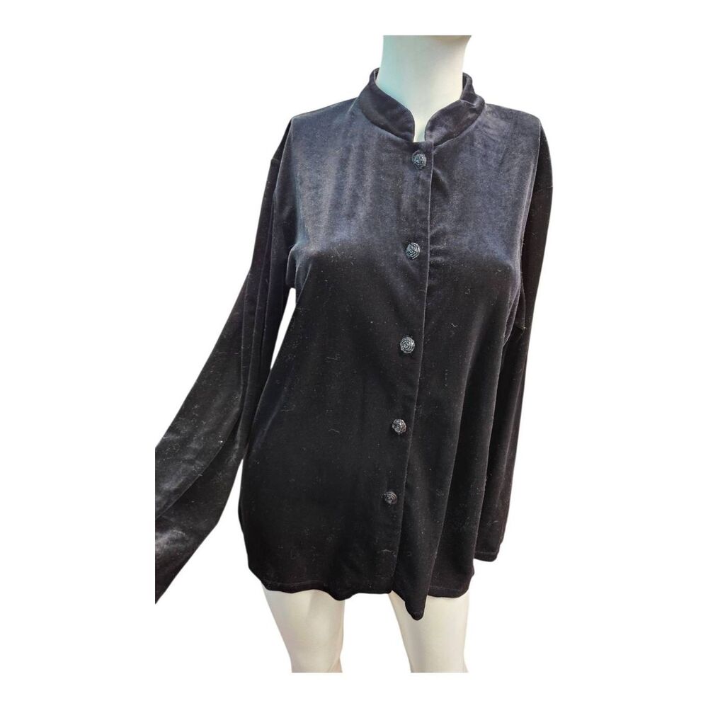 Carole little Black Velour Button Up Blouse Womens Size Large Vintage 80's